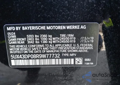 2024 BMW X3 Sdrive30I из США, поврежденный, VIN 5UX43DP08R9W77732